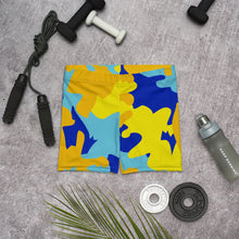 Load image into Gallery viewer, Yellow Blue Neon Camouflage Spandex Shorts by The Photo Access