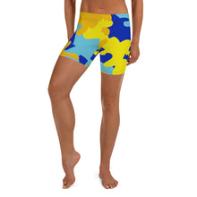 Load image into Gallery viewer, Yellow Blue Neon Camouflage Spandex Shorts by The Photo Access