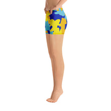 Load image into Gallery viewer, Yellow Blue Neon Camouflage Spandex Shorts by The Photo Access