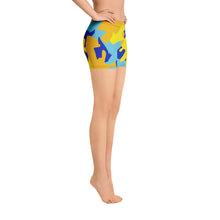 Load image into Gallery viewer, Yellow Blue Neon Camouflage Spandex Shorts by The Photo Access
