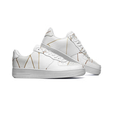 Load image into Gallery viewer, Abstract White Polygon with Gold Line Unisex Low Top Leather Sneakers by The Photo Access