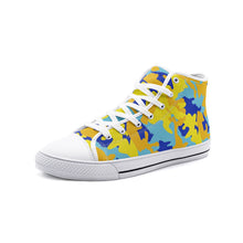 将图片加载到图库查看器,Yellow Blue Neon Camouflage Unisex High Top Canvas Shoes by The Photo Access