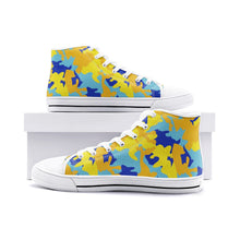 将图片加载到图库查看器,Yellow Blue Neon Camouflage Unisex High Top Canvas Shoes by The Photo Access