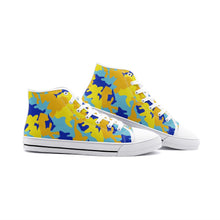 将图片加载到图库查看器,Yellow Blue Neon Camouflage Unisex High Top Canvas Shoes by The Photo Access