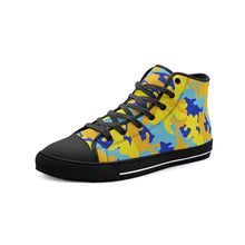 将图片加载到图库查看器,Yellow Blue Neon Camouflage Unisex High Top Canvas Shoes by The Photo Access
