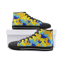 将图片加载到图库查看器,Yellow Blue Neon Camouflage Unisex High Top Canvas Shoes by The Photo Access