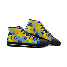 将图片加载到图库查看器,Yellow Blue Neon Camouflage Unisex High Top Canvas Shoes by The Photo Access