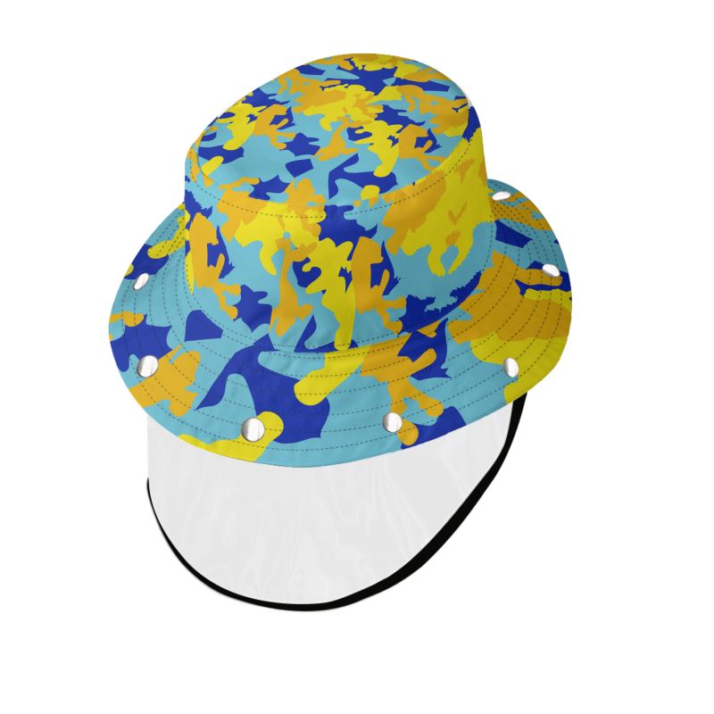 Yellow Blue Neon Camouflage Bucket Hat with Visor by The Photo Access