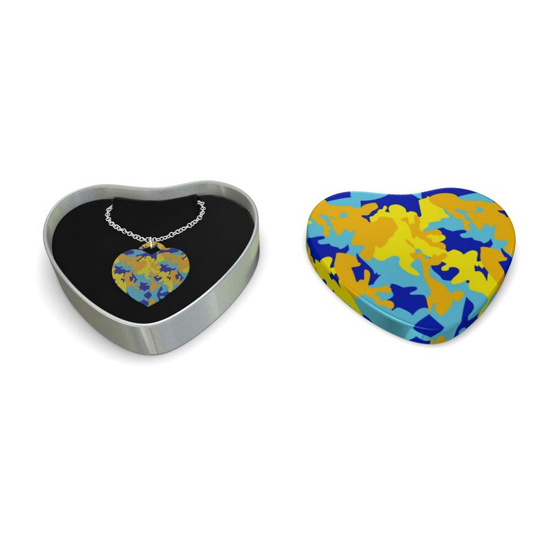 Yellow Blue Neon Camouflage Sterling Silver Heart Pendant by The Photo Access