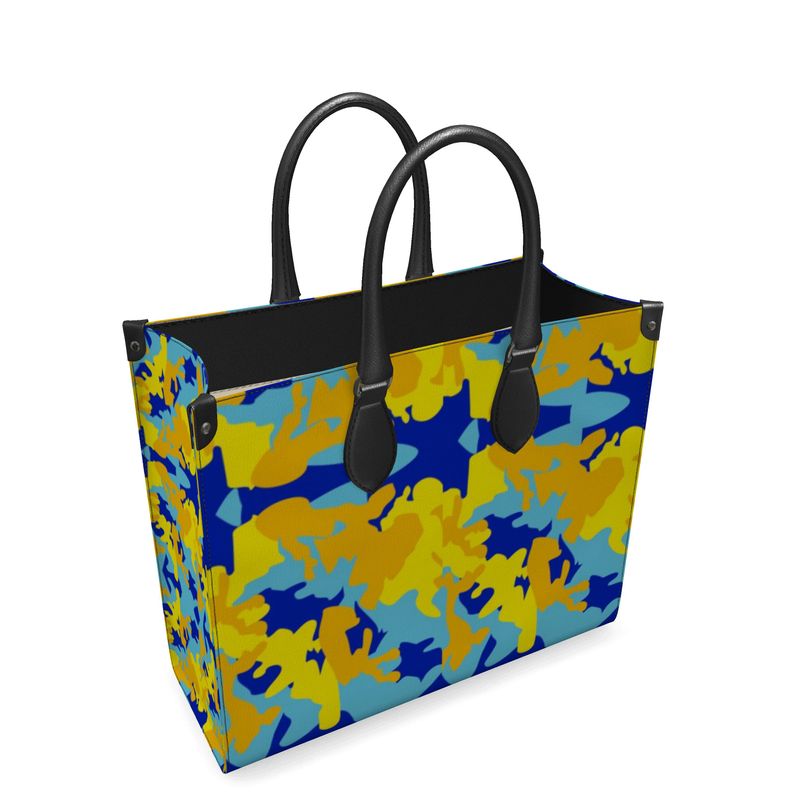 Yellow Blue Neon Camouflage Leather Shopper Bag by The Photo Access