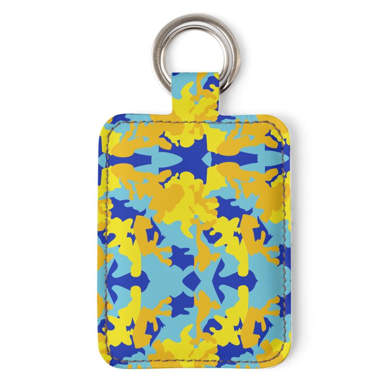 Yellow Blue Neon Camouflage Leather Keychain by The Photo Access