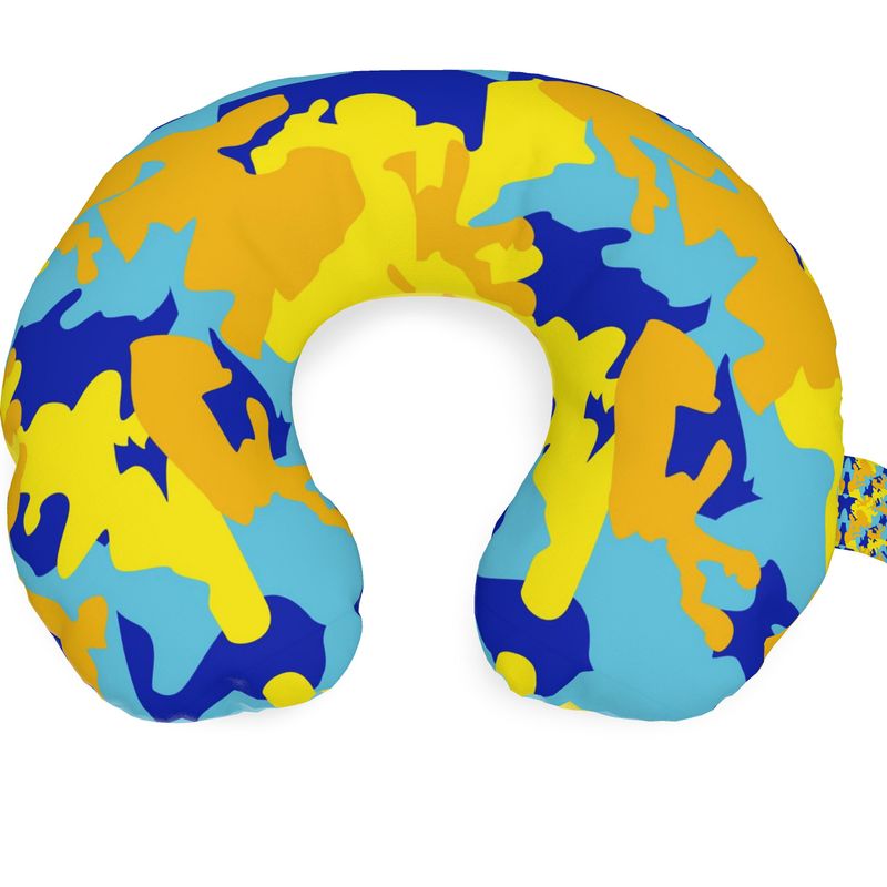Yellow Blue Neon Camouflage Travel Neck Pillow by The Photo Access