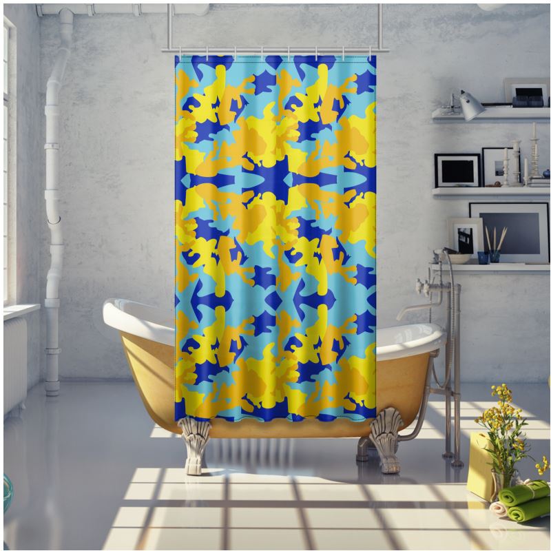 Yellow Blue Neon Camouflage Shower Curtain by The Photo Access