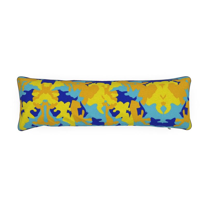 Yellow Blue Neon Camouflage Bolster Cushion by The Photo Access