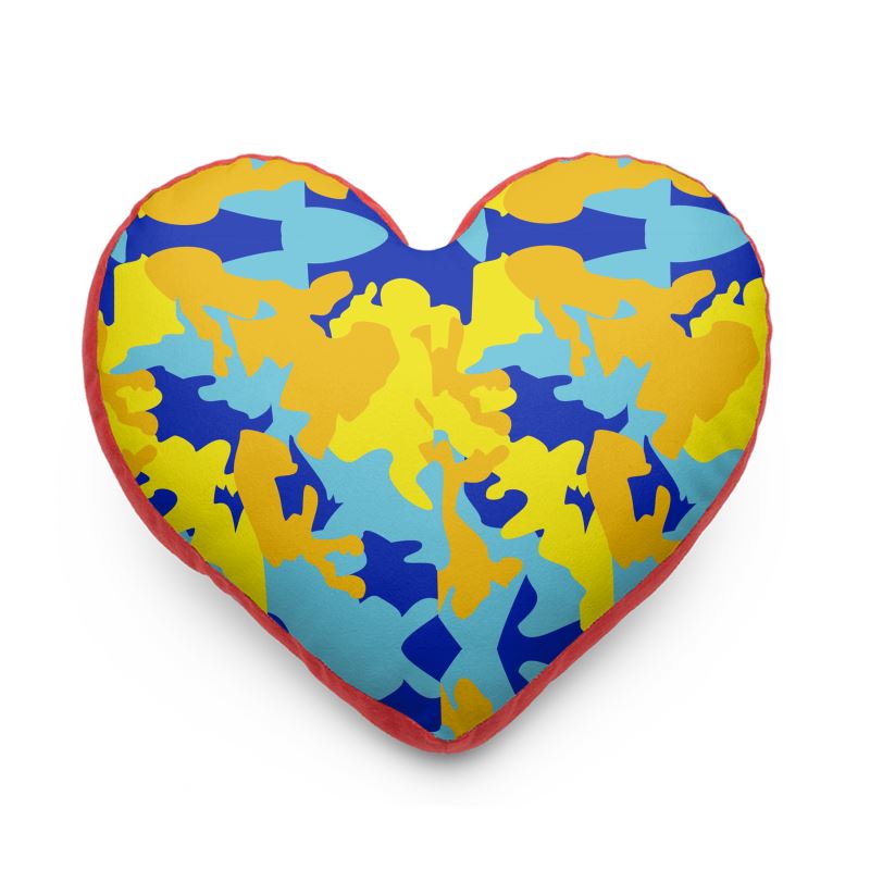 Yellow Blue Neon Camouflage Heart Cushion by The Photo Access