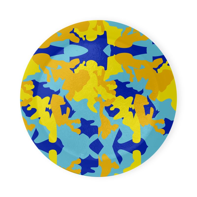 Yellow Blue Neon Camouflage Round Coaster Trays by The Photo Access