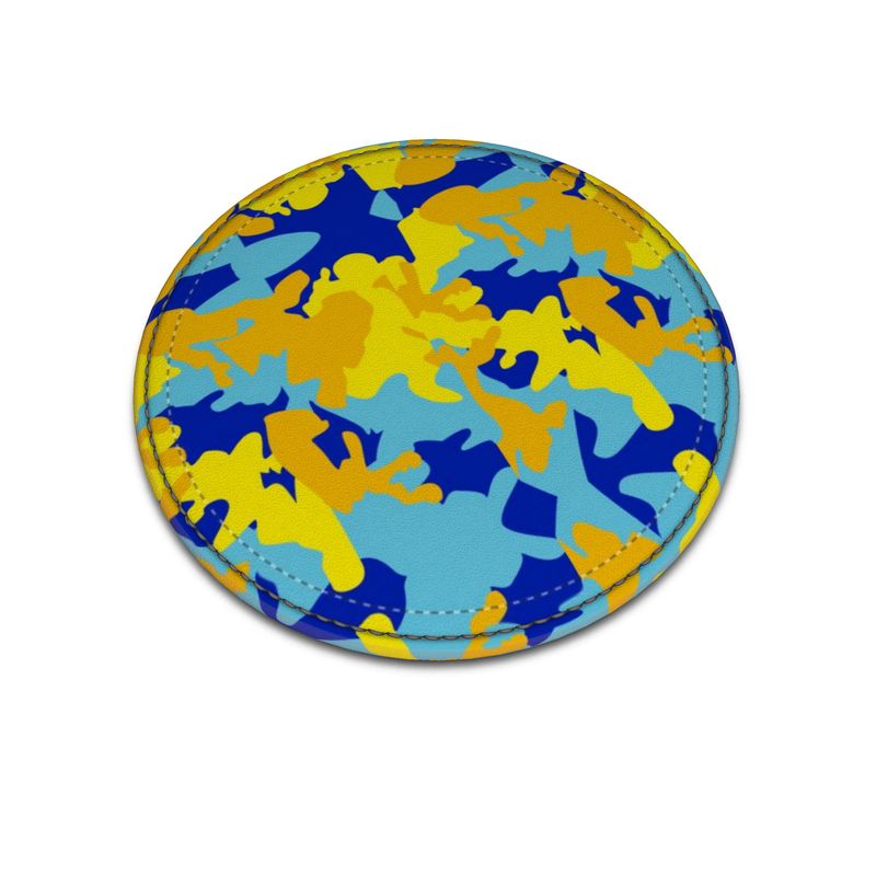 Yellow Blue Neon Camouflage Leather Coasters by The Photo Access