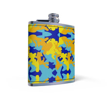 Lade das Bild in den Galerie-Viewer, Yellow Blue Neon Camouflage Leather Wrapped Hip Flask by The Photo Access
