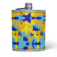 Cargar imagen en el visor de la galería, Yellow Blue Neon Camouflage Leather Wrapped Hip Flask by The Photo Access
