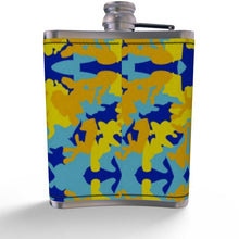 गैलरी व्यूवर में इमेज लोड करें, Yellow Blue Neon Camouflage Leather Wrapped Hip Flask by The Photo Access

