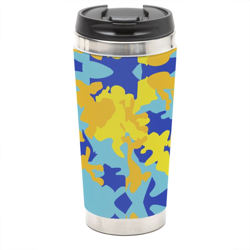 Yellow Blue Neon Camouflage Travel Mug by The Photo Access