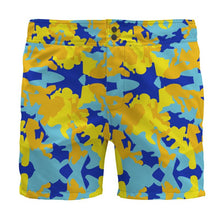 Load image into Gallery viewer, Yellow Blue Neon Camouflage Board Shorts by The Photo Access
