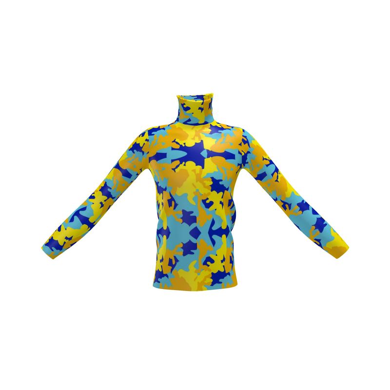 Yellow Blue Neon Camouflage Mens Slim Fit Roll Neck by The Photo Access