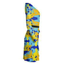 Load image into Gallery viewer, Yellow Blue Neon Camouflage Wrap Dress by The Photo Access
