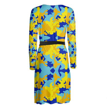 Cargar imagen en el visor de la galería, Yellow Blue Neon Camouflage Wrap Dress by The Photo Access
