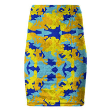 Load image into Gallery viewer, Yellow Blue Neon Camouflage Pencil Skirt by The Photo Access
