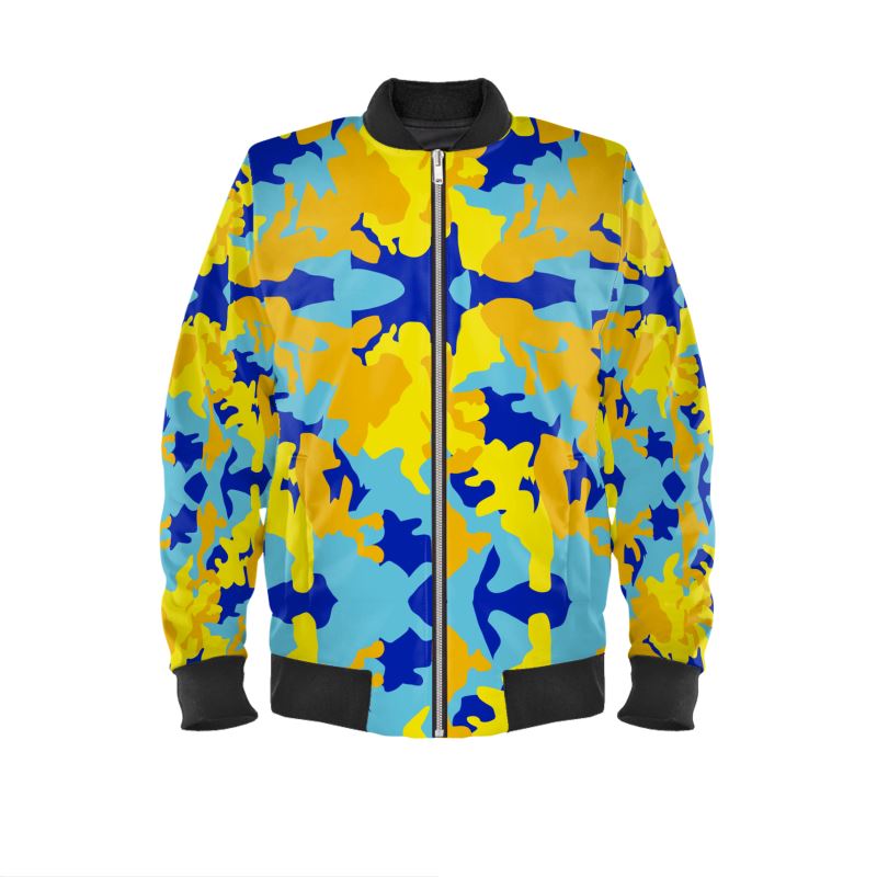 Yellow Blue Neon Camouflage Ladies Bomber Jacket by The Photo Access