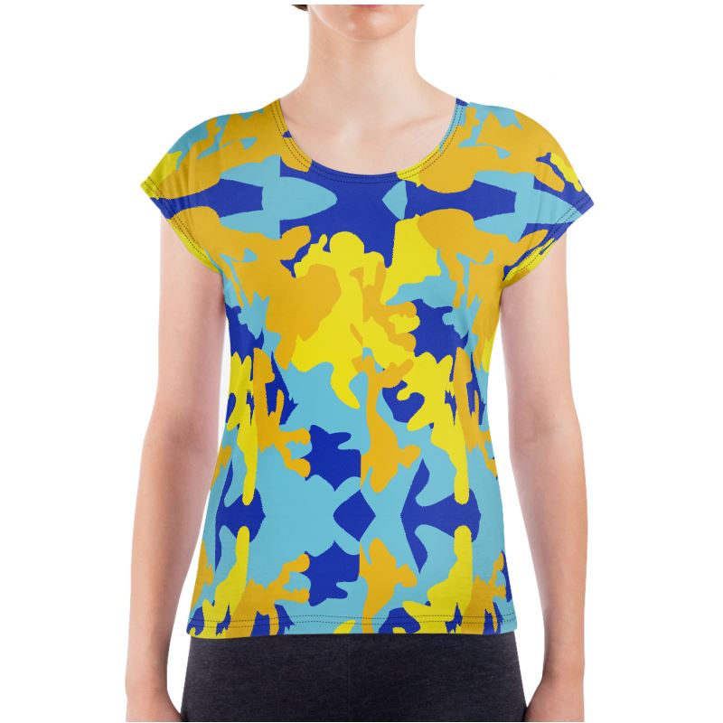 Yellow Blue Neon Camouflage Ladies T-Shirt by The Photo Access