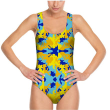将图片加载到图库查看器，Yellow Blue Neon Camouflage Swimsuit by The Photo Access
