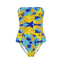 将图片加载到图库查看器，Yellow Blue Neon Camouflage Strapless Swimsuit by The Photo Access

