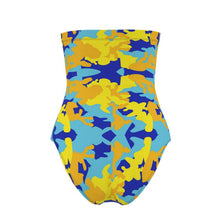 Загрузить изображение в средство просмотра галереи, Yellow Blue Neon Camouflage Strapless Swimsuit by The Photo Access
