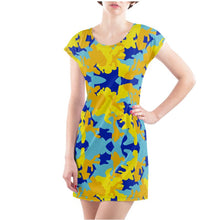 Load image into Gallery viewer, Yellow Blue Neon Camouflage Ladies Tunic T-Shirt by The Photo Access
