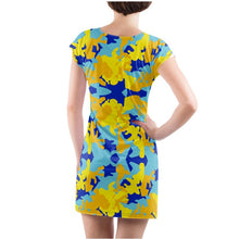 Load image into Gallery viewer, Yellow Blue Neon Camouflage Ladies Tunic T-Shirt by The Photo Access
