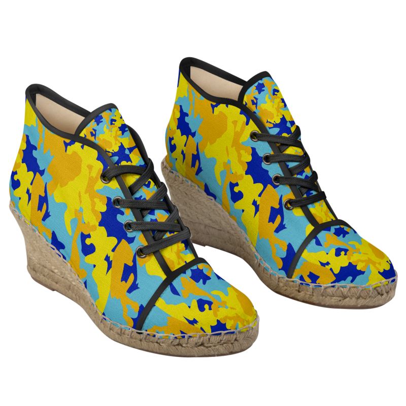Yellow Blue Neon Camouflage Ladies Wedge Espadrilles by The Photo Access