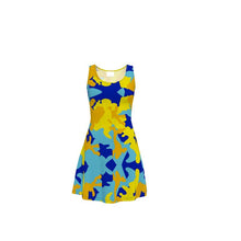 将图片加载到图库查看器，Yellow Blue Neon Camouflage Skater Dress by The Photo Access

