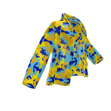 Load image into Gallery viewer, Yellow Blue Neon Camouflage Wrap Blazer by The Photo Access
