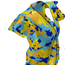 Cargar imagen en el visor de la galería, Yellow Blue Neon Camouflage Tea Dress by The Photo Access

