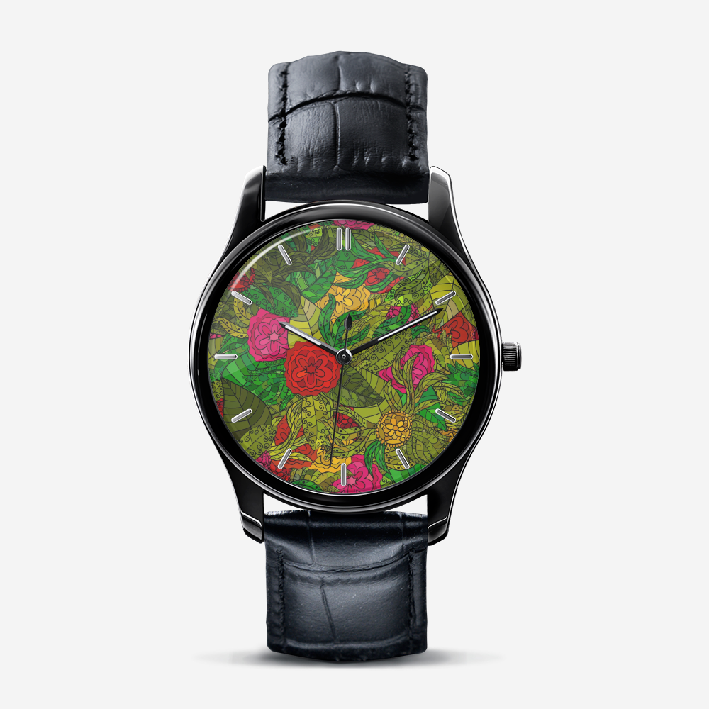 Hand Drawn Floral Seamless Pattern Classic Fashion Unisex Print Black Quartz Watch Dial by The Photo Access