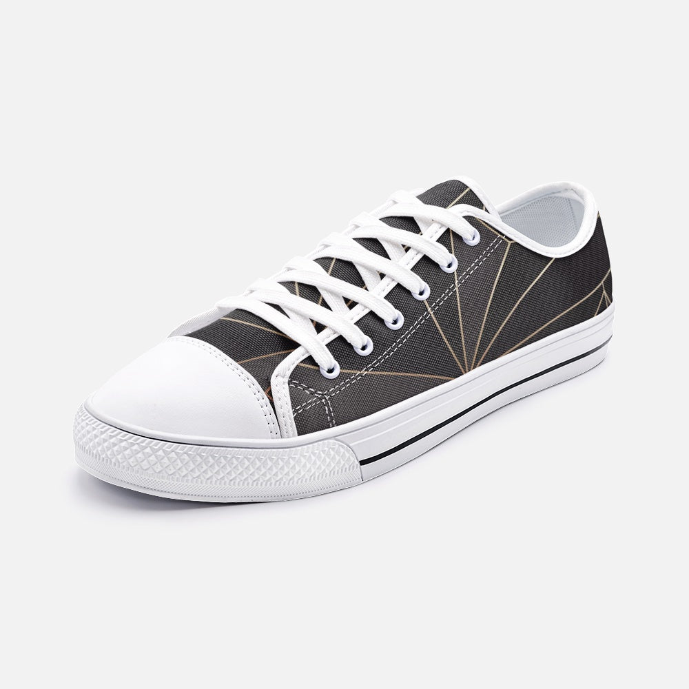 ABSTRACT BLACK POLYGON WITH GOLD LINE UNISEX LOW TOP CANVAS SHOES BY THE PHOTO ACCESS