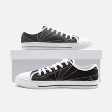 गैलरी व्यूवर में इमेज लोड करें, ABSTRACT BLACK POLYGON WITH GOLD LINE UNISEX LOW TOP CANVAS SHOES BY THE PHOTO ACCESS
