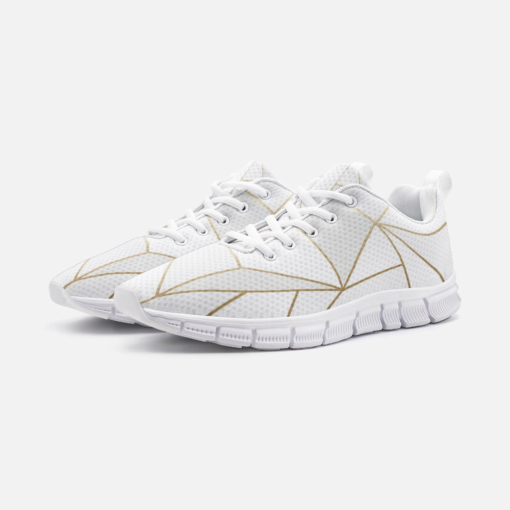 Abstract White Polygon with Gold Line Casual Unisex Lightweight Sneaker Athletic Sneakers by The Photo Access