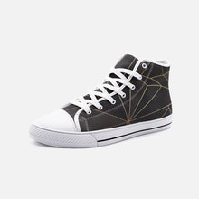 गैलरी व्यूवर में इमेज लोड करें, ABSTRACT BLACK POLYGON WITH GOLD LINE UNISEX HIGH TOP CANVAS SHOES BY THE PHOTO ACCESS
