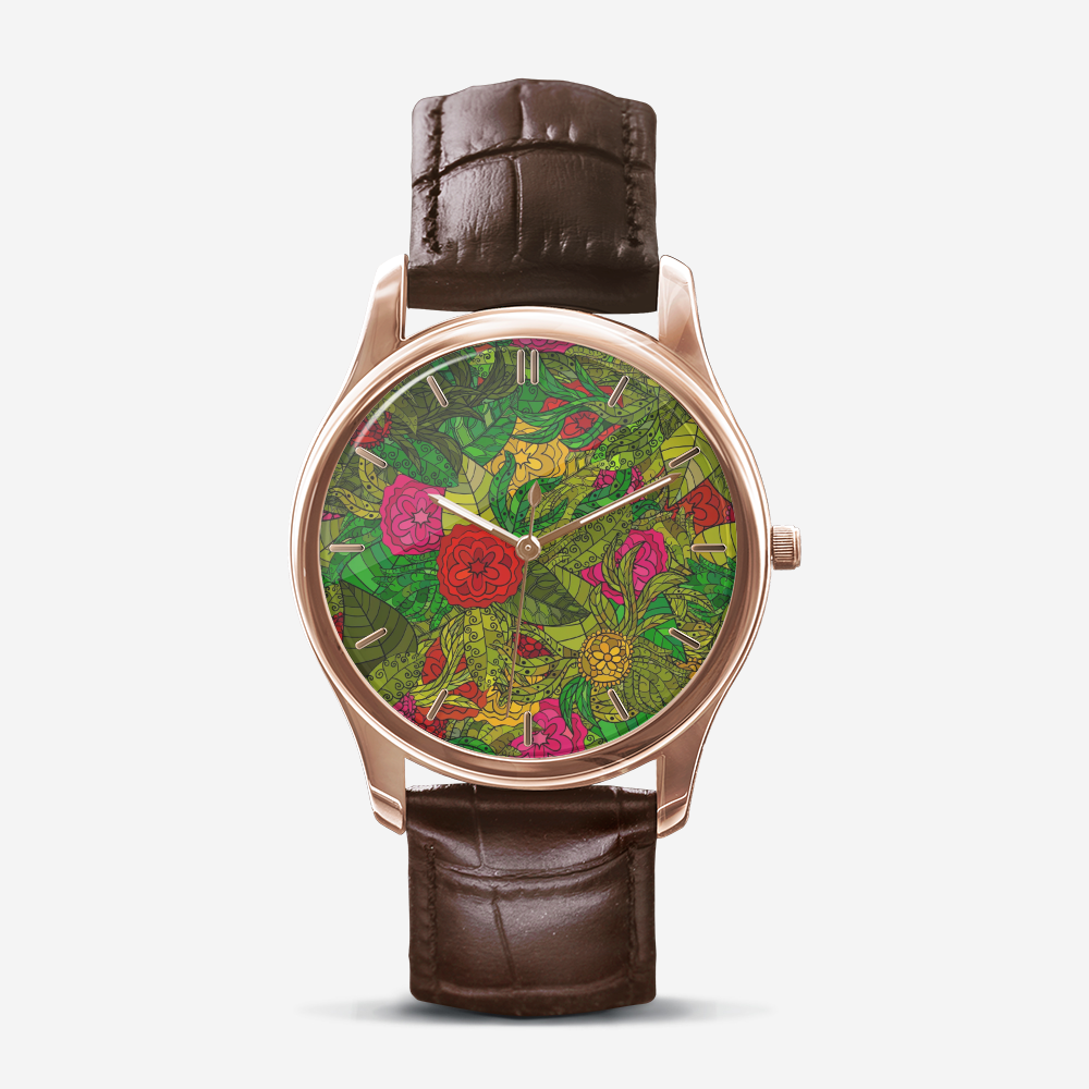 Hand Drawn Floral Seamless Pattern Classic Fashion Unisex Print Gold Quartz Watch Dial by The Photo Access