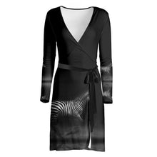 Load image into Gallery viewer, Zebra Running at Night Wrap Dress by The Photo Access

