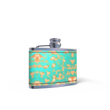 Lade das Bild in den Galerie-Viewer, Aqua &amp; Gold Modern Artistic Digital Pattern Leather Wrapped Hip Flask by The Photo Access
