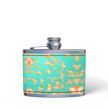 Lade das Bild in den Galerie-Viewer, Aqua &amp; Gold Modern Artistic Digital Pattern Leather Wrapped Hip Flask by The Photo Access
